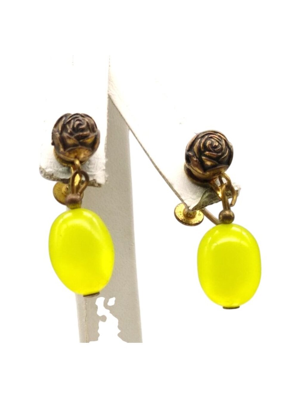 Bright Yellow Moonglow Drop Earrings, Gold Tone Screw Back with Brassy Rose Bead